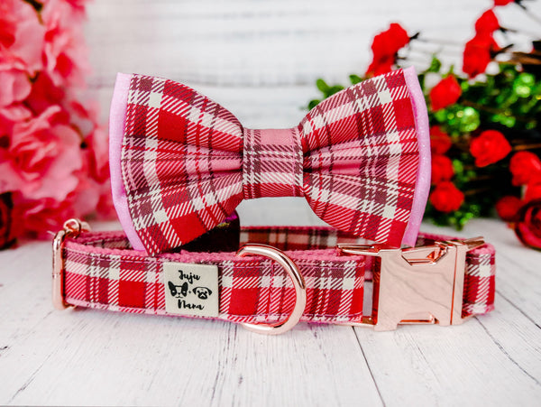 valentine dog collar with bow tie - Tartan