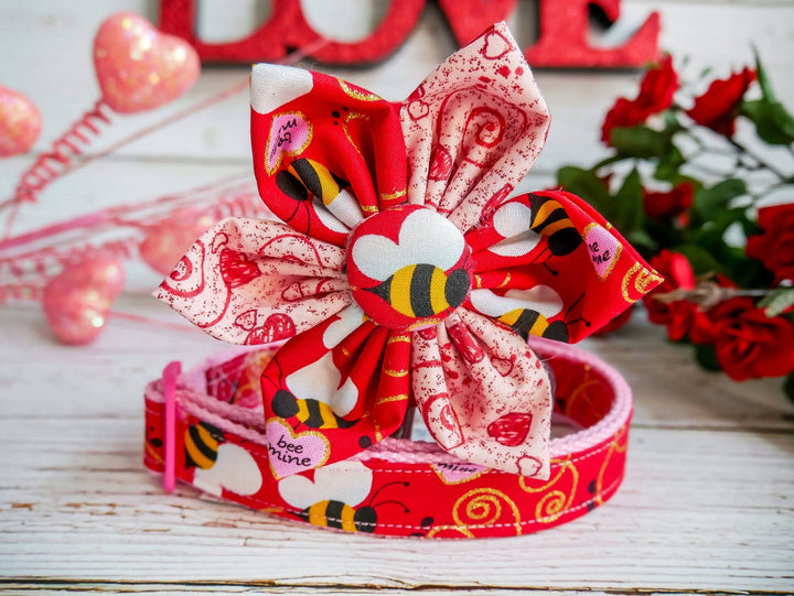 Valentine's day dog collar flower, Love Bee dog collar, Pink Girl dog collar, Large Medium collar, Puppy Small dog collar, Red Female collar