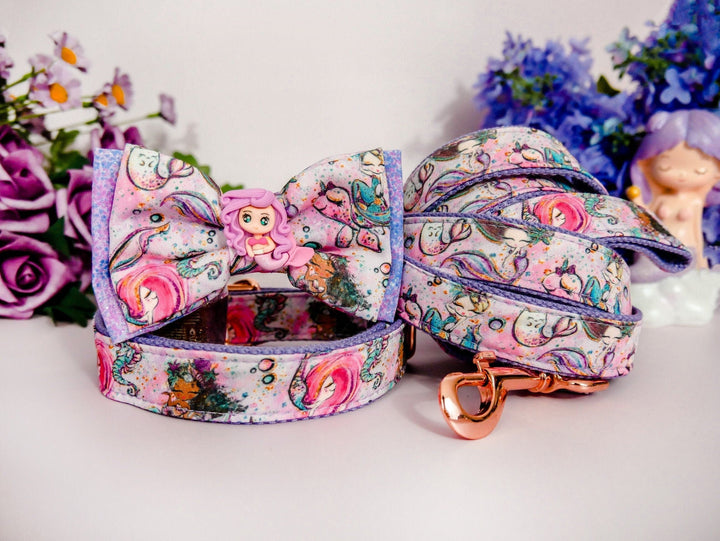Mermaid dog collar bow tie/ pink girl dog collar/cute purple dog collar/ small large dog collar/ puppy female collar/ fabric designer collar