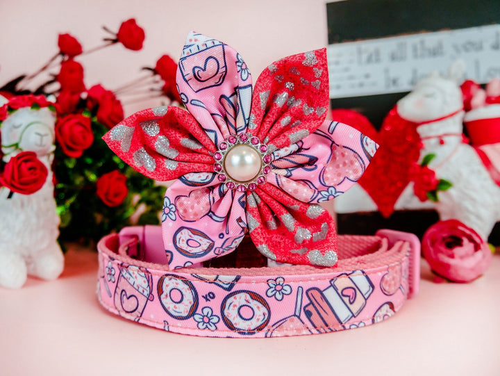 Valentine's Day dog collar with Flower - coffee and donuts