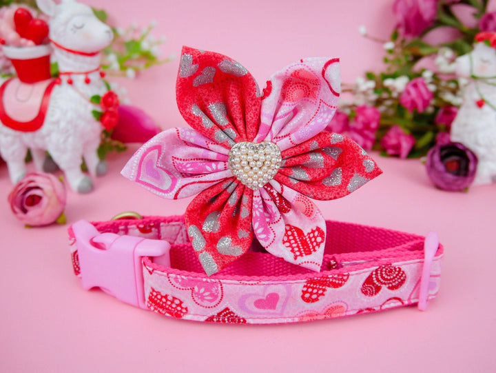 Valentine dog collar with flower - glitter pink heart