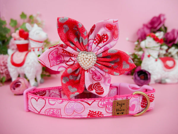 Valentine dog collar with flower - glitter pink heart