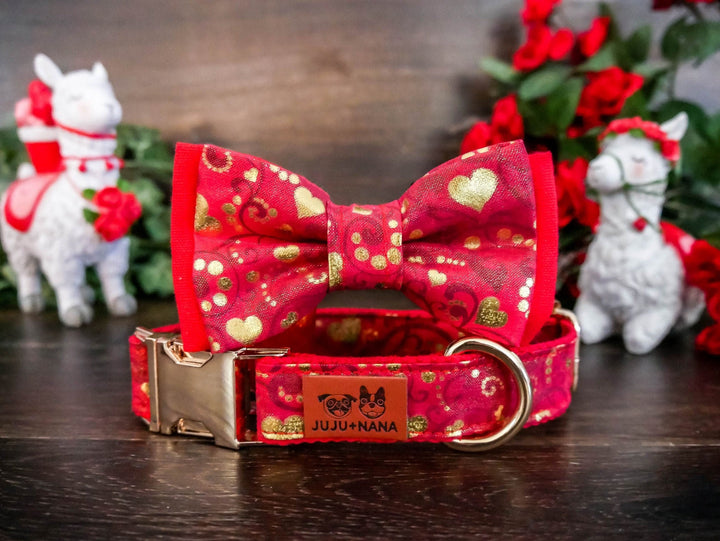 valentine dog collar with bow tie - Red Glitter Hearts