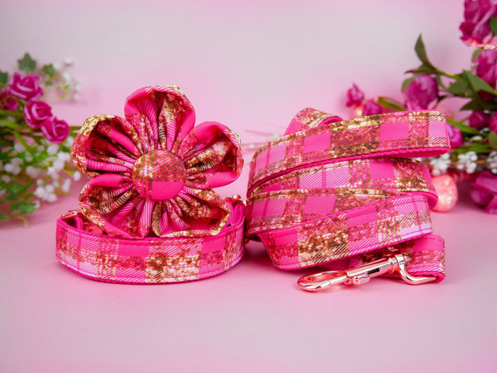 valentine dog collar with bow tie - Pink Tartan