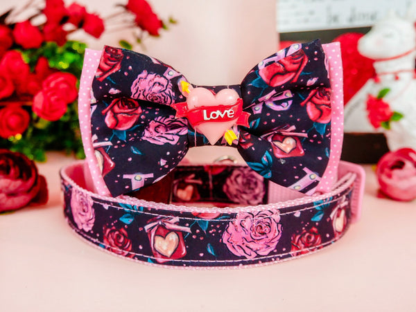 Valentine dog collar with bow tie - love Rose