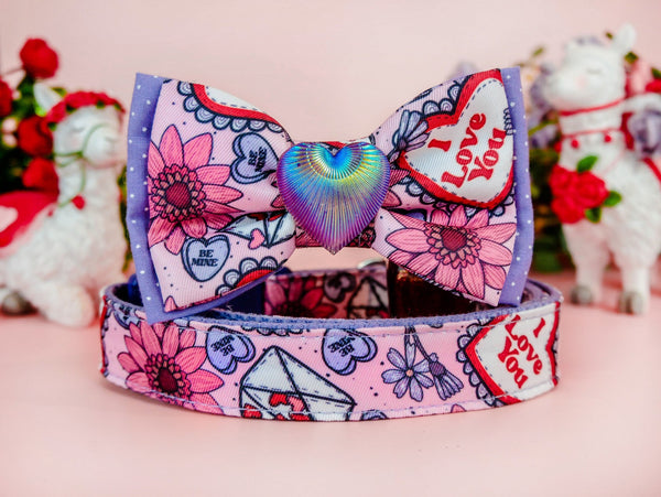 valentine dog collar with bow tie - Love letter and flower