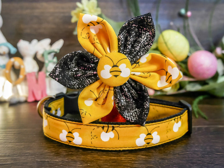 Yellow bee dog collar with flower