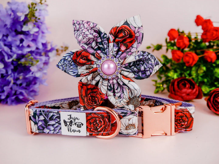 Dog collar with flower - Boho rose, mum, and poppy