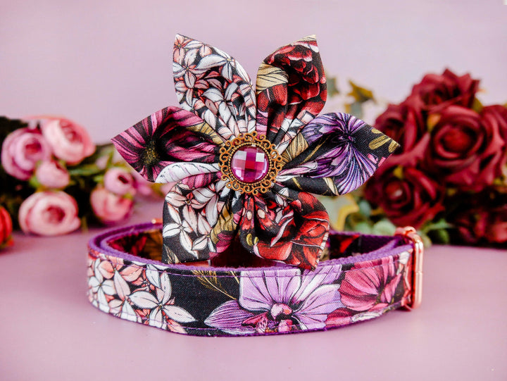 Dog collar with flower - Boho rose, butterfly, and orchid