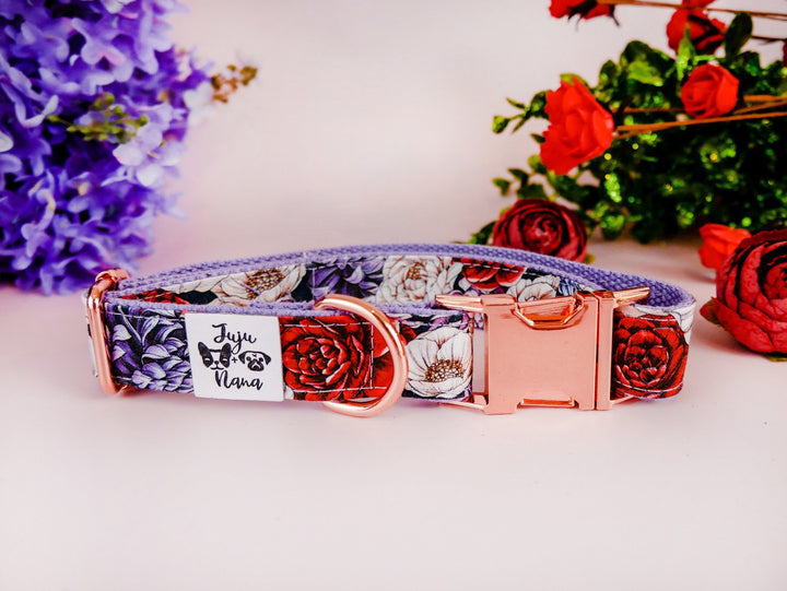 Purple floral dog collar/ Girl daisy rose poppy dog collar/ flower female dog collar/ boho large small dog collar/ liberty fabric dog collar