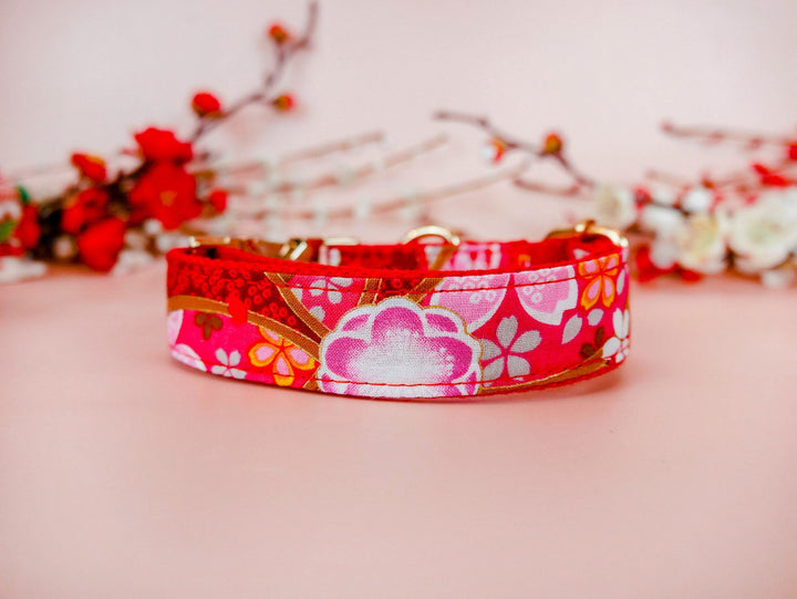 Girl Floral dog collar/ Personalized Engraved Buckle Dog Collar/ Japanese kimono red flower dog collar/ small large soft fabric dog collar