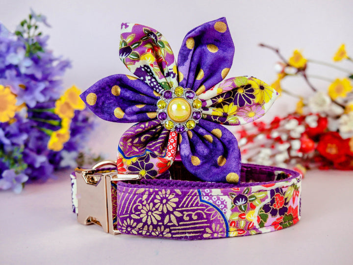 Japanese kimono purple dog collar with flower