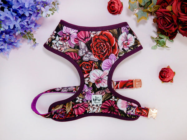 Female floral dog harness vest/ girl rose flower dog harness/ orchid butterfly harness/ small medium dog harness/ purple puppy boho harness