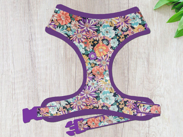 Daisy flower Girl dog harness/ purple floral dog harness/ Dahlia female dog harness/ small puppy harness/ soft fabric medium dog harness