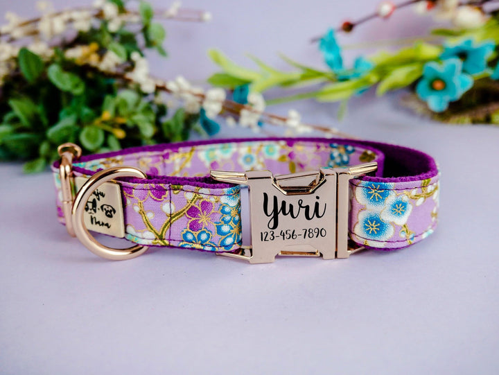 japanese floral female dog collar/ personalized Laser engraved buckle dog collar/ purple girl custom dog collar/ kimono flower dog collar