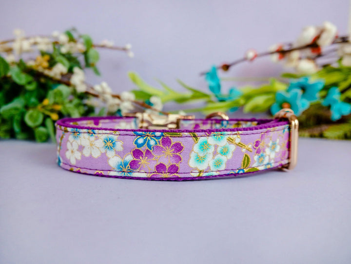 japanese floral female dog collar/ personalized Laser engraved buckle dog collar/ purple girl custom dog collar/ kimono flower dog collar