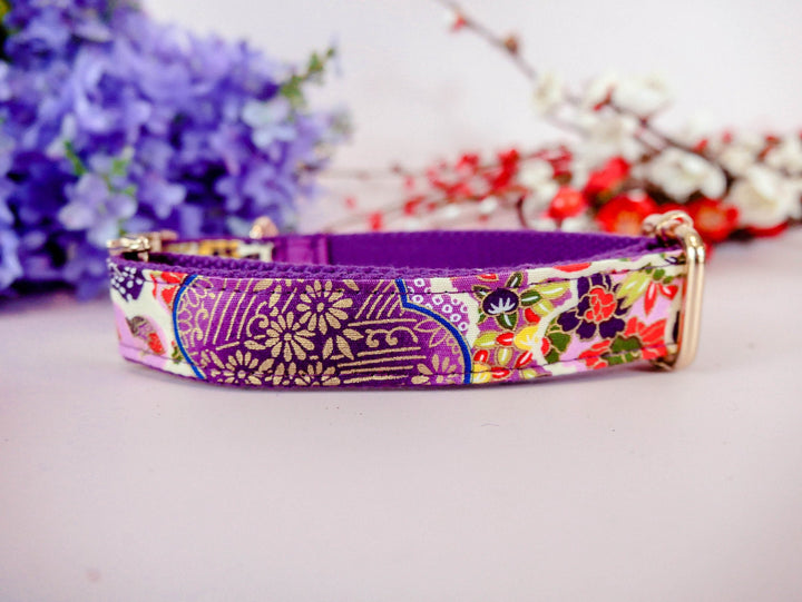 Female flower dog collar/ girl floral dog collar/ purple Japanese dog collar/ large small puppy dog collar/ kimono soft fabric collar