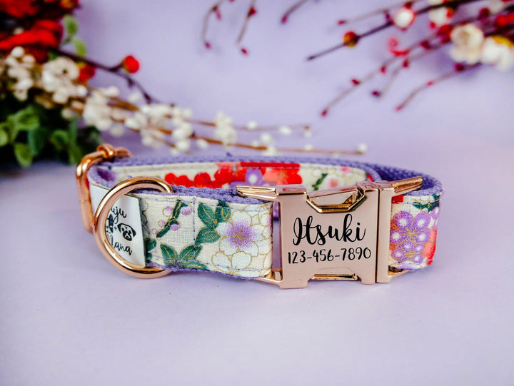 japanese floral female dog collar/ personalized Laser engraved buckle dog collar/ white girl custom dog collar/ kimono flower dog collar