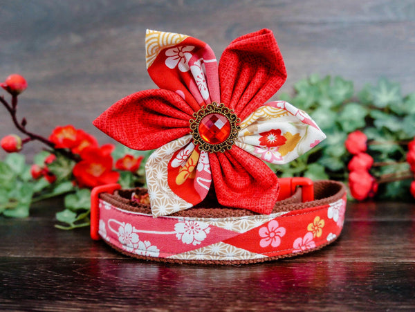 Japanese kimono dog collar with flower - Red