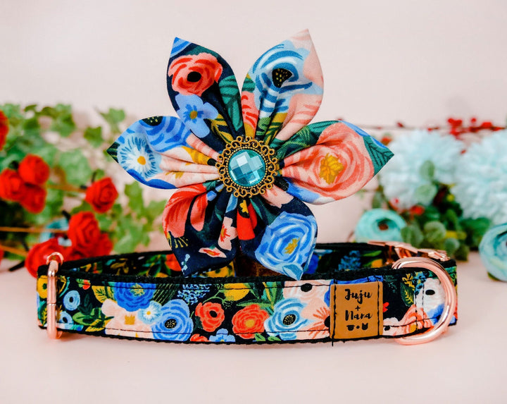 dog collar with flower - Garden Party Navy