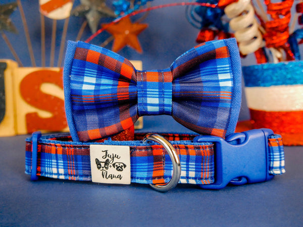 Patriotic plaid dog collar bow tie/ boy tartan dog collar/ 4th of July collar/ small large dog collar/ blue memorial day USA collar