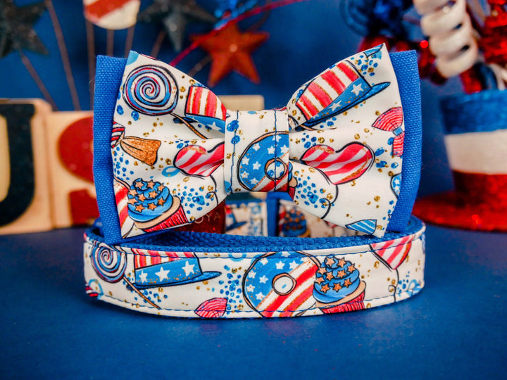 Patriotic cupcake dog collar bow tie/ Boy donut dog collar/ 4th of July  collar/ cute memorial day collar/ independence fabric dog collar