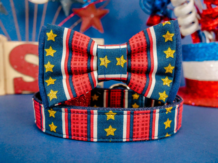 Patriotic dog collar bow tie/ Boy glitter star dog collar/ 4th of July dog collar/ Small large dog collar/ memorial day american flag collar