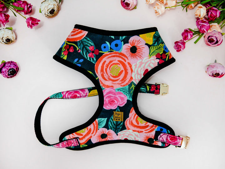 Floral girl dog harness vest/ rifle paper co/ black flower boho dog harness/ soft Small Puppy harness/ personalized medium female harness