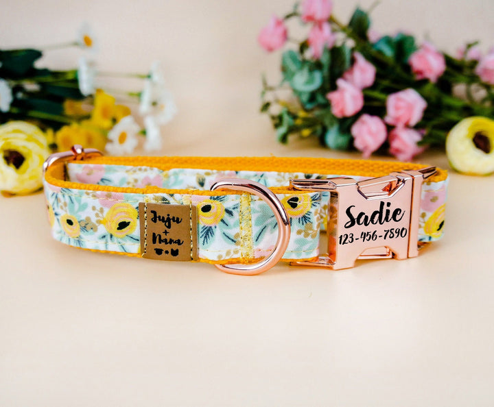 Girl Floral dog collar/ Personalized Engraved Buckle Dog Collar/ rifle paper co/ yellow rose flower dog collar/ small large boho dog collar