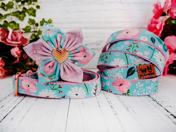 watercolor floral dog collar leash set/ girl flower dog collar and lead