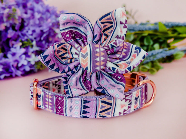 Dog collar with flower - Purple Aztec