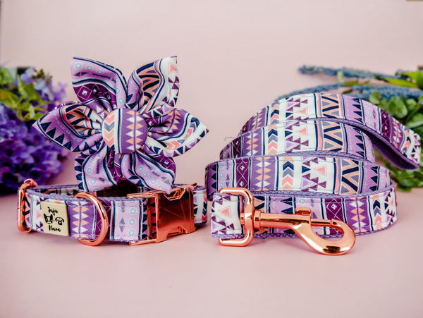 Aztec Flower dog collar leash set/ tribal boho dog collar and lead/ ethical southwest collar/ geometric designer collar/ pUrple puppy collar