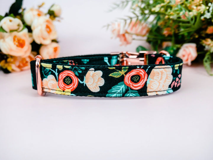 girl floral dog collar/ Personalized Engraved Dog Collar/ rifle paper co flower collar/ Autumn fall collar/ black fabric female dog collar