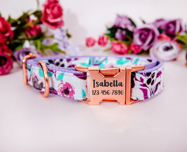 Purple floral dog collar/ girl personalized dog collar/ Engraved buckle Collar/ boho rose flower collar/ custom small large puppy dog collar