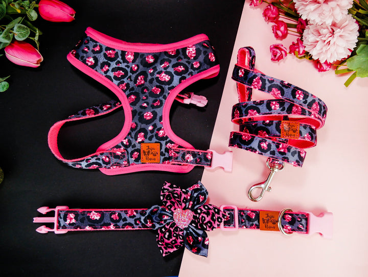 leopard dog Harness leash set/ pink Girl dog harness vest
