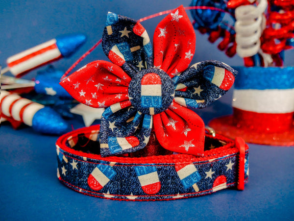 Patriotic popsicle dog collar flower/ 4th of July collar/ Girl cute collar/  glitter star collar/ large small collar/ Memorial day collar