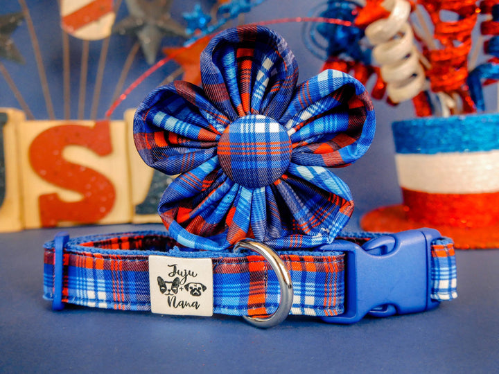 Patriotic tartan plaid dog collar flower/ Girl dog collar/ 4th of July collar/ large small collar/ American fabric collar/ memorial day dog