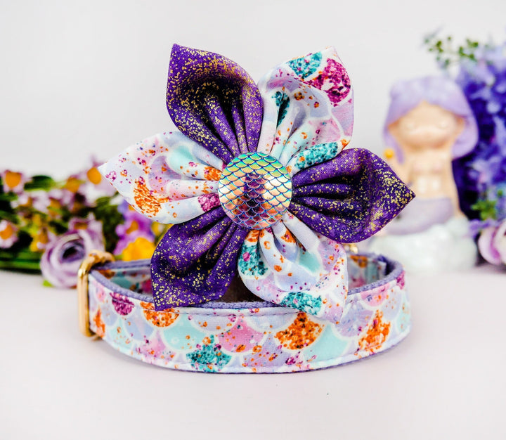 Dog collar with flower - Purple mermaid scales