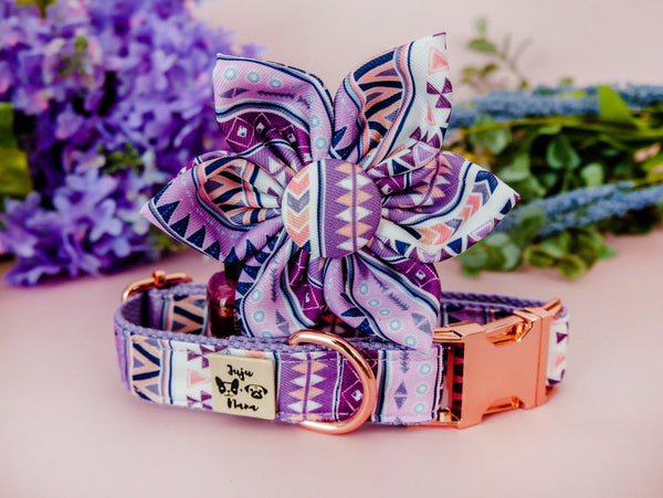 Dog collar with flower - Purple Aztec