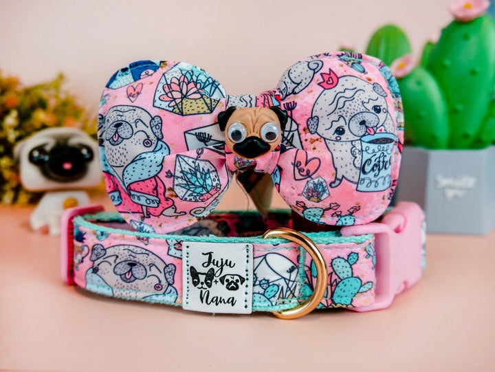 Cute pug dog collar leash set/ girl boy bow tie dog collar and lead