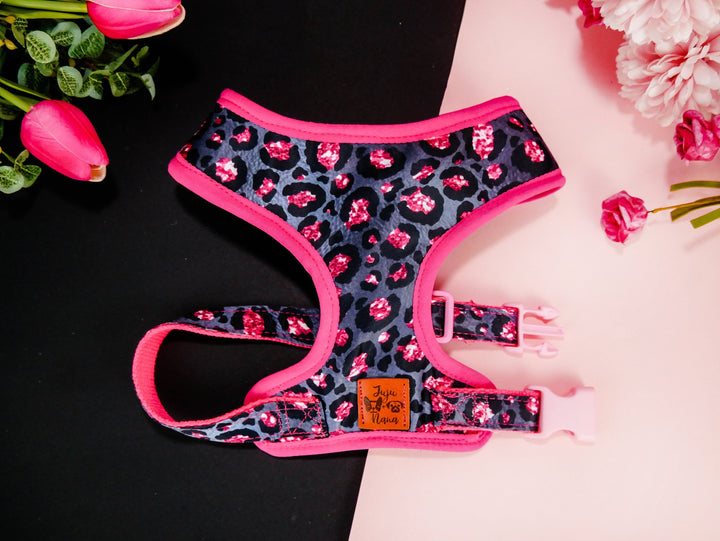 Pink Leopard dog harness/ Girl cheetah dog harness Vest/ female puppy harness/ Small medium dog harness/ black pink fabric dog harness