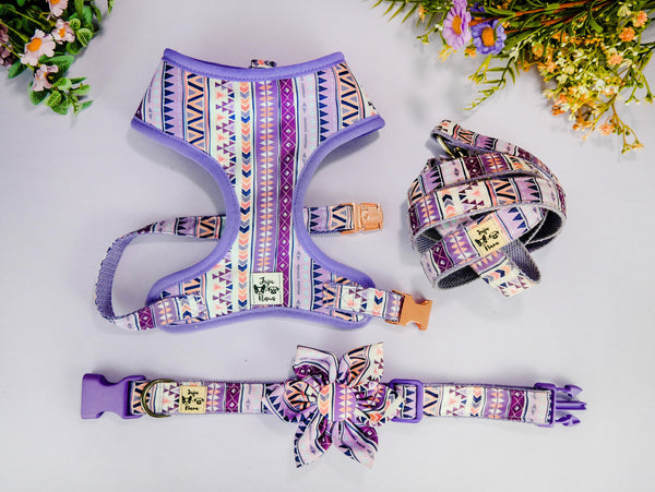 Tribal aztec dog harness leash set/ Girl purple dog harness vest/ boho ethical dog lead harness/ geometric dog harness/ small medium puppy
