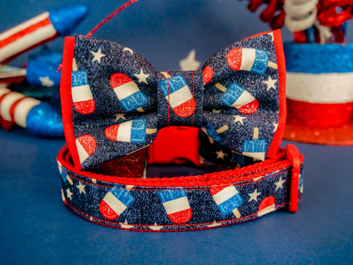 Patriotic popsicle dog collar bow tie/ Boy 4th of July dog collar/ glitter star dog collar/ memorial day dog collar/ small large dog collar