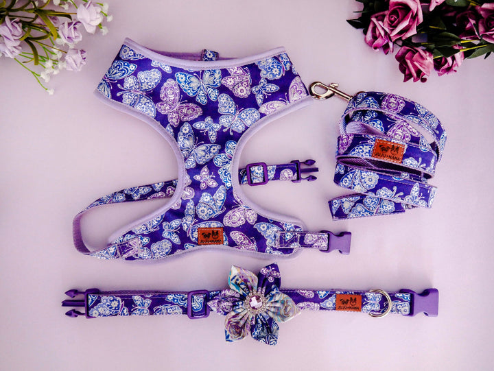Girl purple dog harness vest/ floral butterfly dog harness/ flower female dog harness/ designer custom dog harness/ small medium dog harness