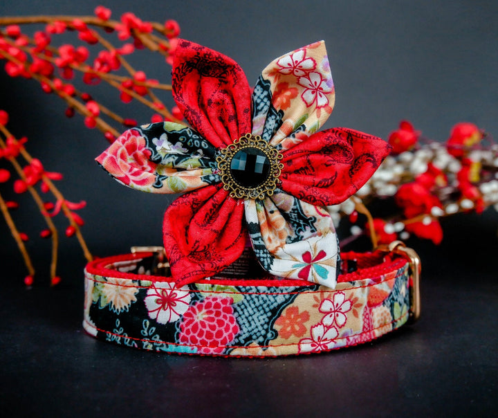 Dog collar with flower - Japanese Kimono black red floral