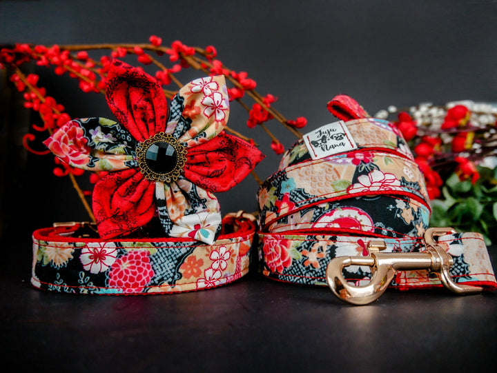 Japanese kimono dog flower collar leash set - black floral