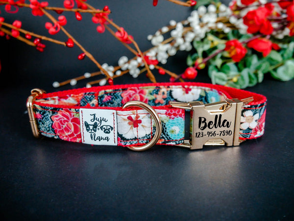 japanese kimono floral dog collar/ personalized Laser engraved buckle dog collar/ girl Flower dog collar/ female red black custom collar