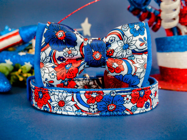 Patriotic floral dog collar bow tie/ Boy 4th of July dog collar/ rainbow flower dog collar/ memorial day dog collar/ small large dog collar