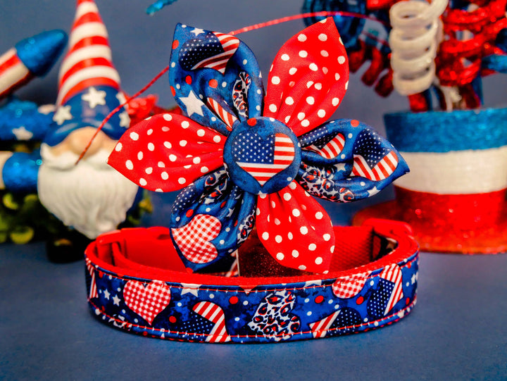 Patriotic heart dog collar flower/ 4th of July Girl dog collar/ leopard plaid collar/ large small puppy dog collar/ Memorial day dog collar