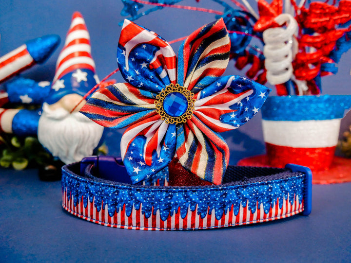Patriotic drip dog collar flower/ cute girl dog collar/ 4th of July dog collar/ Memorial day collar/ usa flag collar/ american star dog